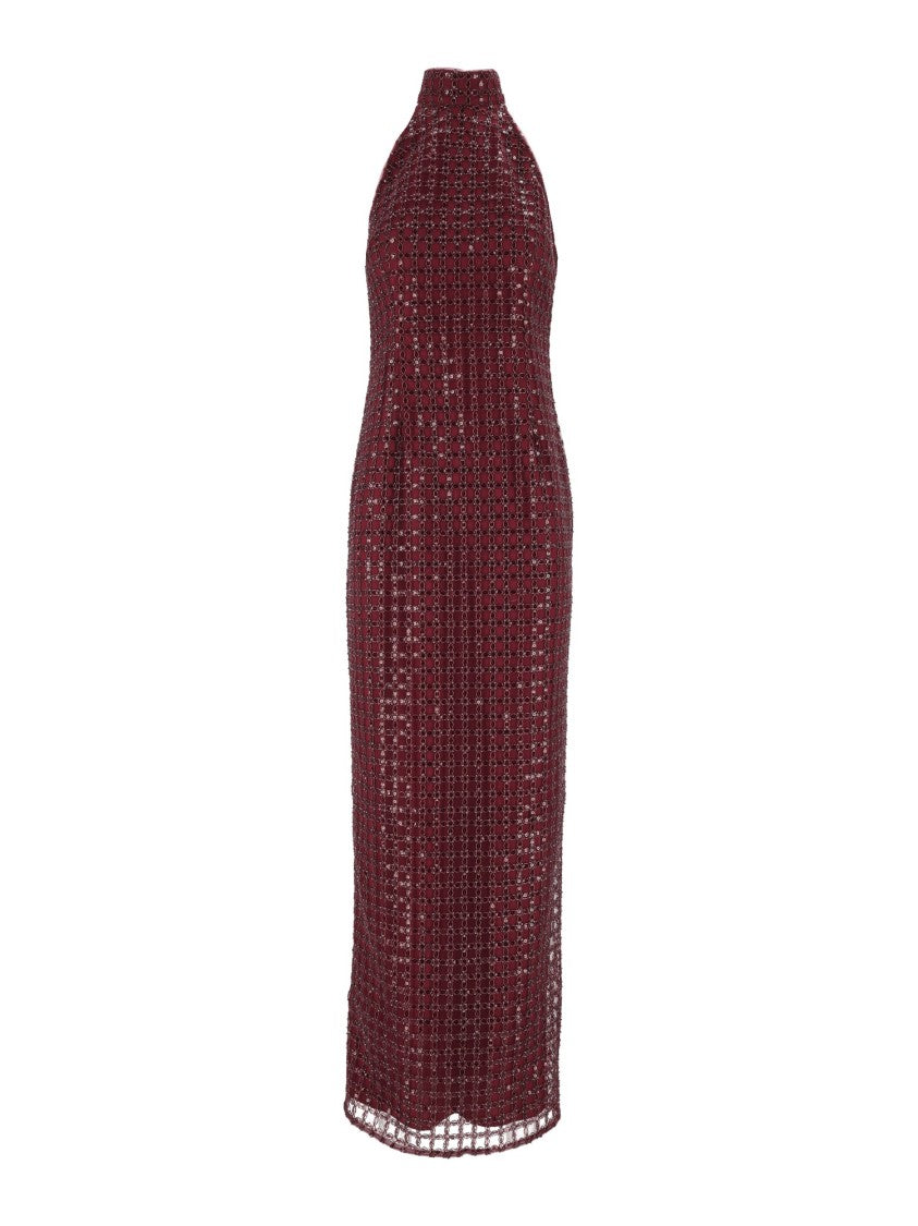 Rotate Burgundy Tight-Fit Beaded Maxi Dress