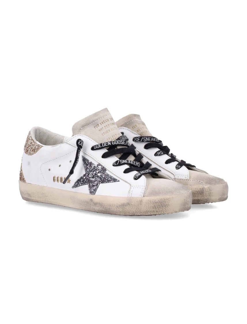 Golden Goose Distressed White Leather Glitter Sneakers With Vintage Appeal