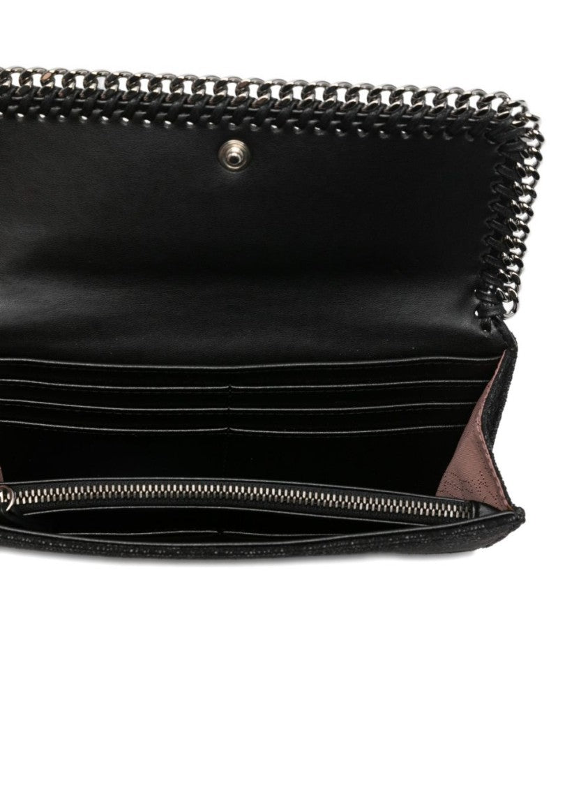 Stella Mccartney Textured Black Wallet With Silver Chain Trim