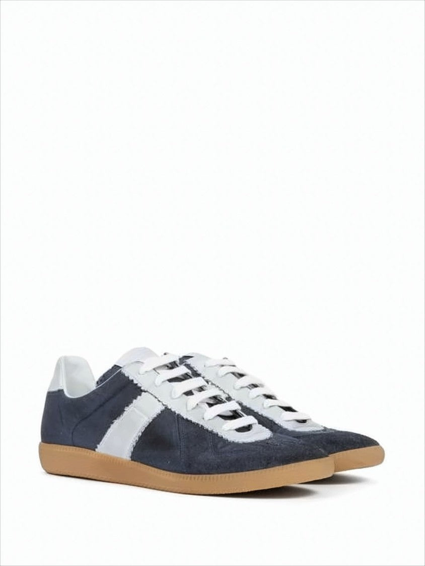 Maison Margiela Low-Top Navy Blue Suede Sneakers With White Leather Accents