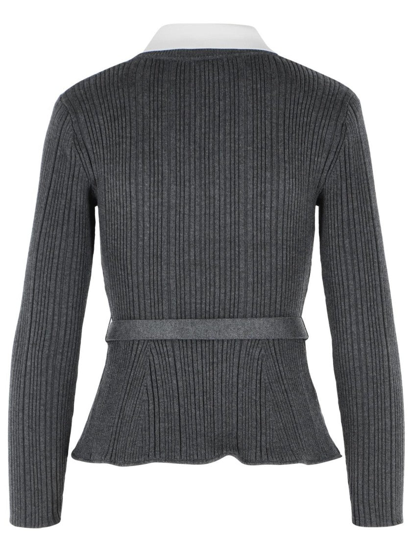 Self-Portrait Ribbed Cardigan In Grey Viscose Blend