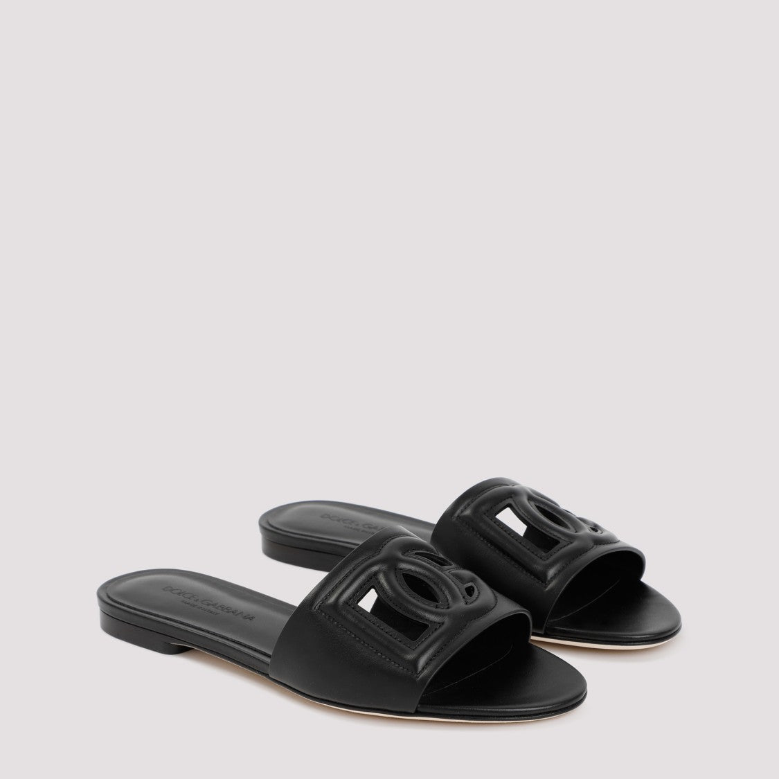Dolce & Gabbana Black Leather Flat Slides Sandals