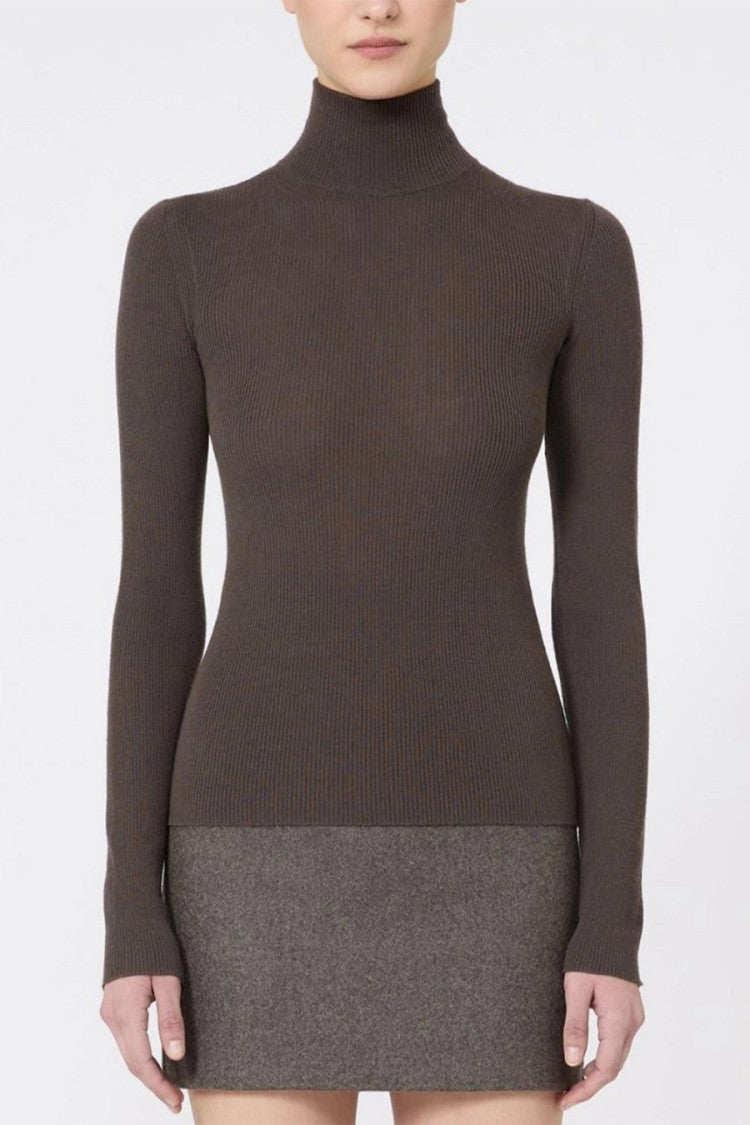Max Mara Dark Brown Mxscavallo Ribbed Virgin Wool Turtleneck Sweater