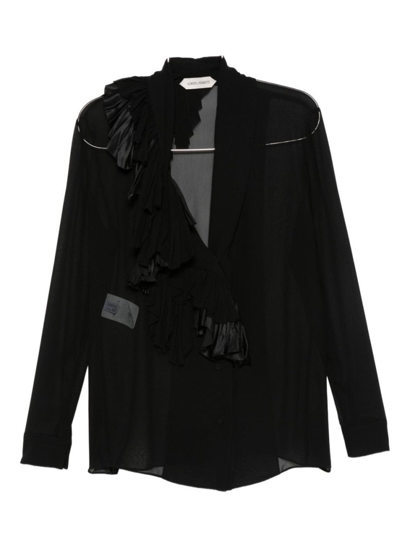 Alberta Ferretti Asymmetrical Ruffle Black Silk Blouse