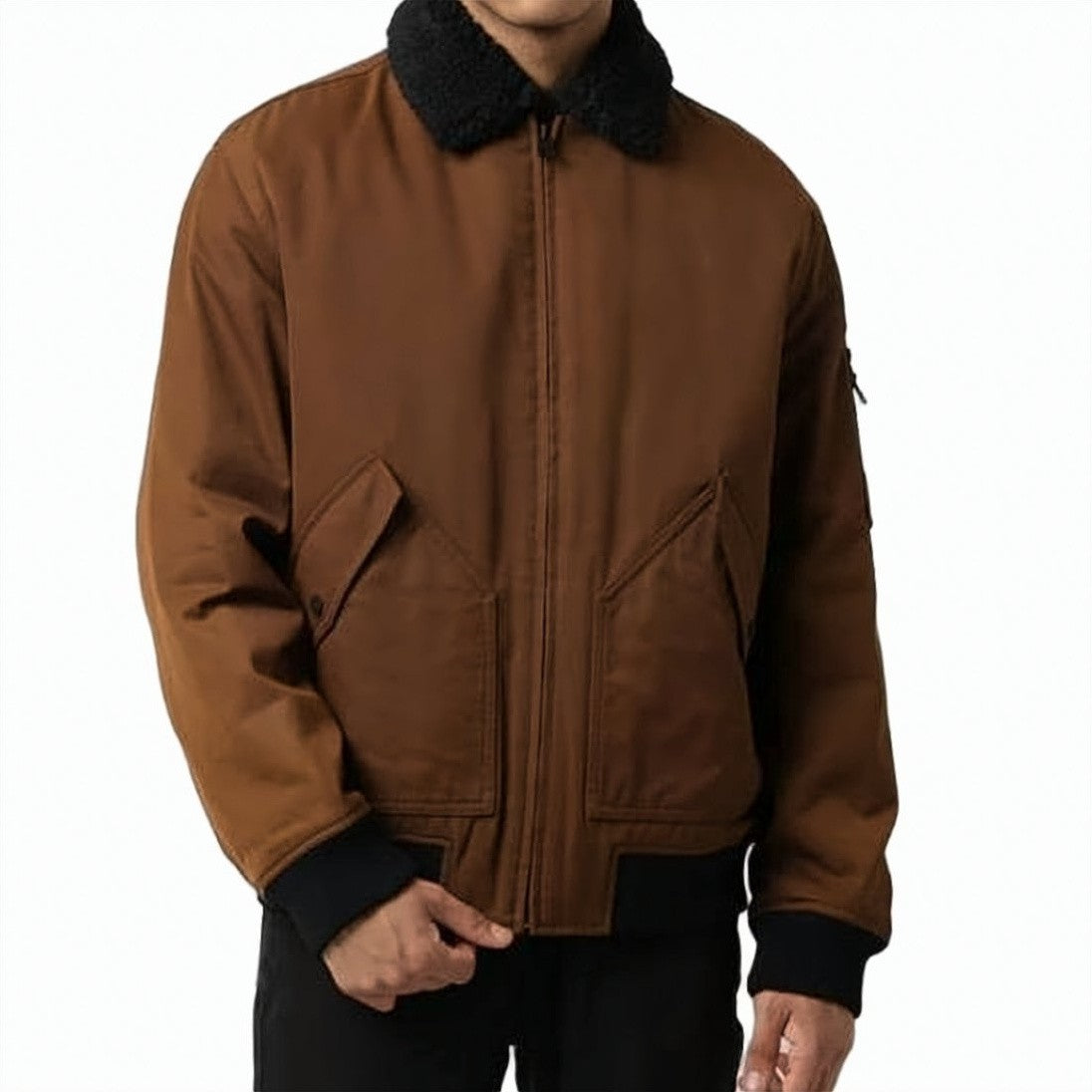 Hugo Boss Structured Brown Jacket With Contrasting Black Shearling Collar