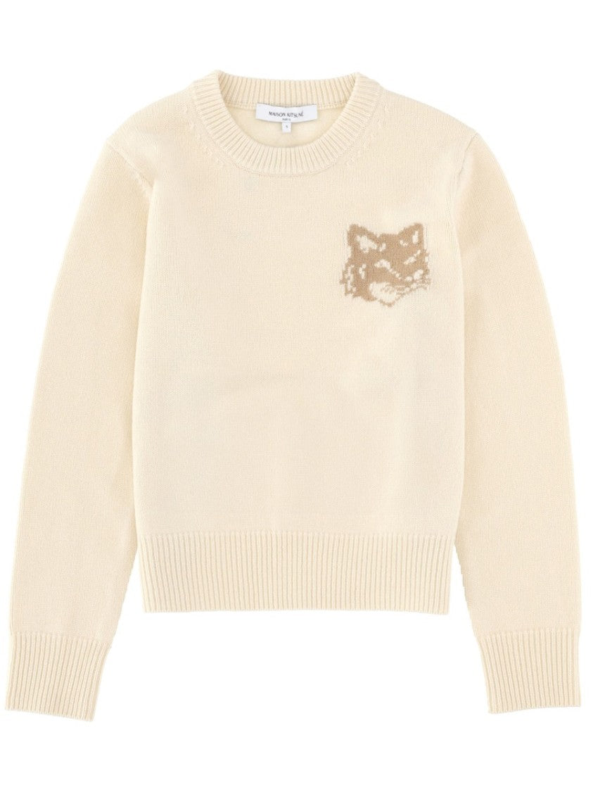 Maison Kitsuné Creamy Beige Fox Head Wool Crewneck Sweater