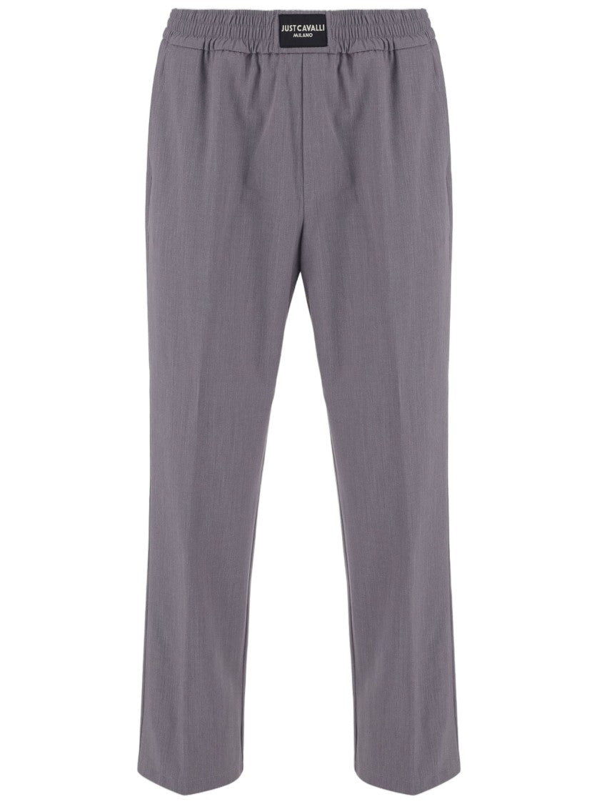 Just Cavalli Gray Logo Detail Viscose-Blend Straight-Leg Pants