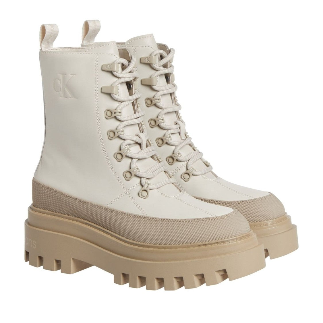Calvin Klein Jeans Beige Chunky Flatform Leather Ankle Boots
