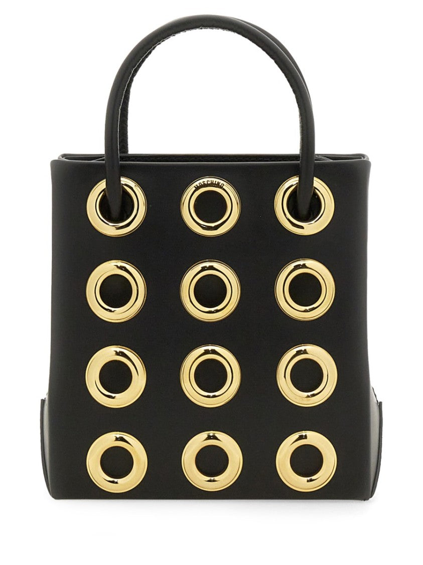 Moschino Structured Black Leather Bag With Gold Grommet Details