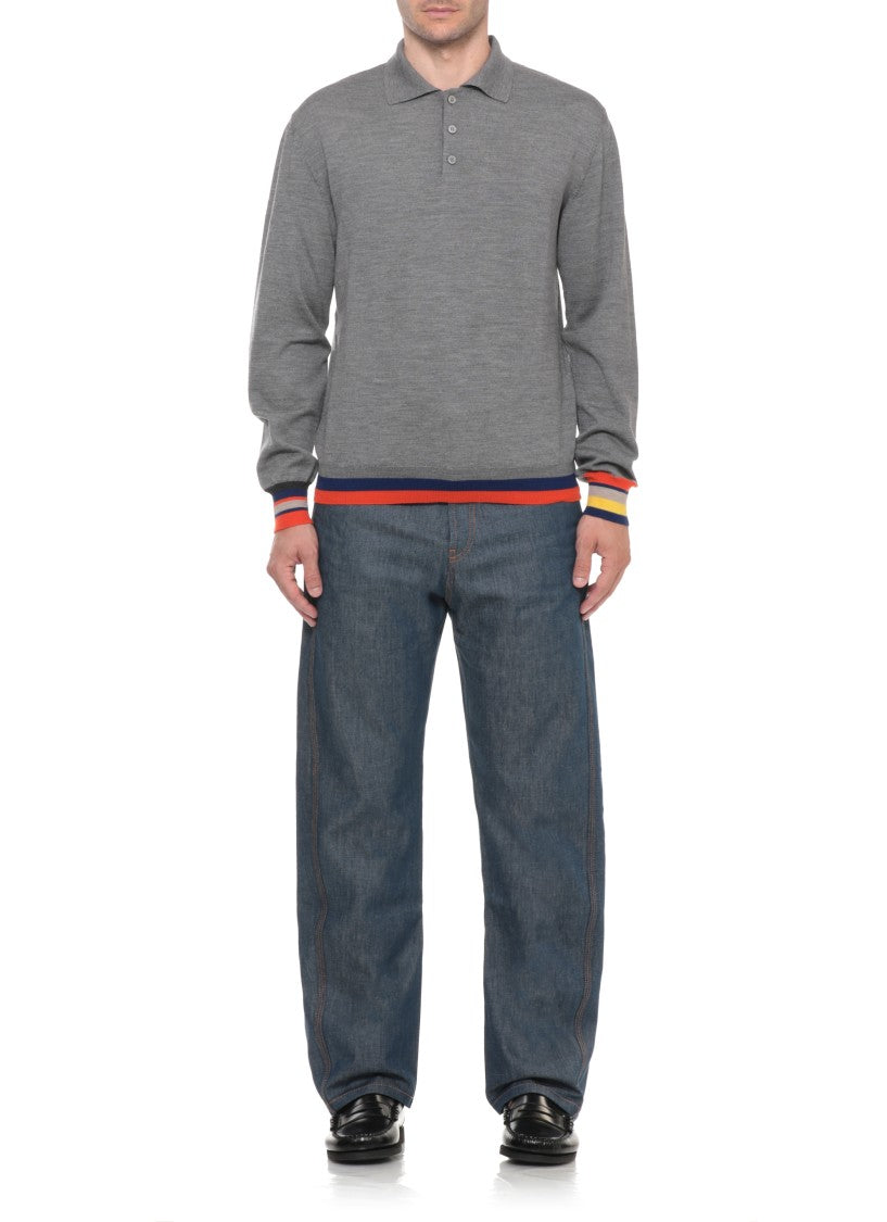 Moschino Grey Striped Detailing Knit Wool Polo Shirt