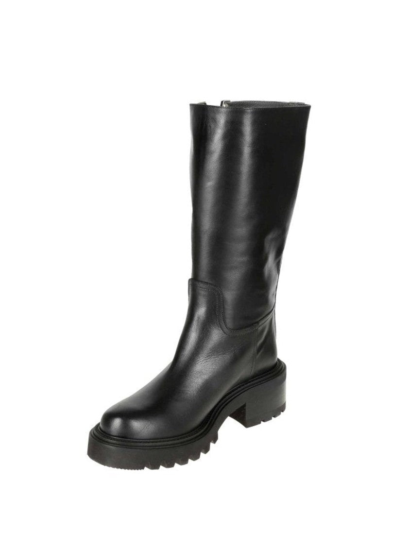 Via Roma 15 Sleek Mid-Calf Boots With Silver Logo Detailing