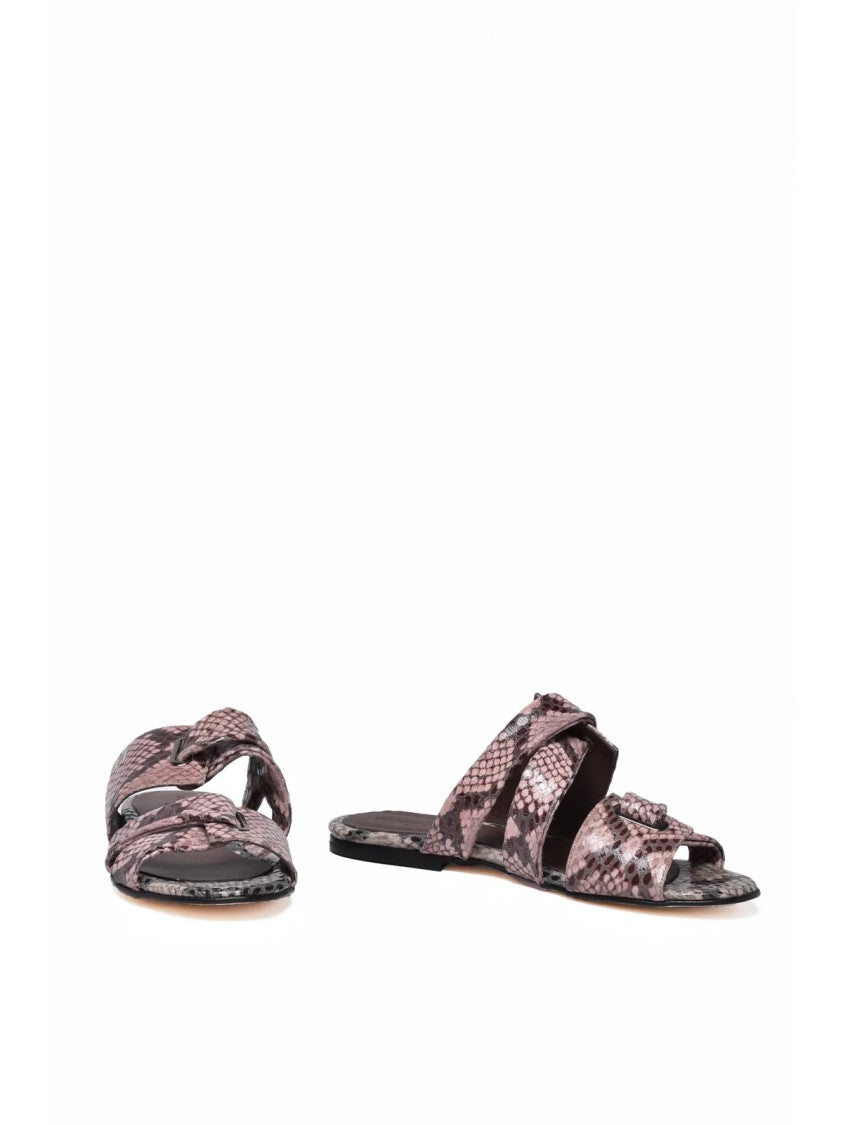 Collection Privee? Grey/Pink Textured Buckle Leather Slide Sandals