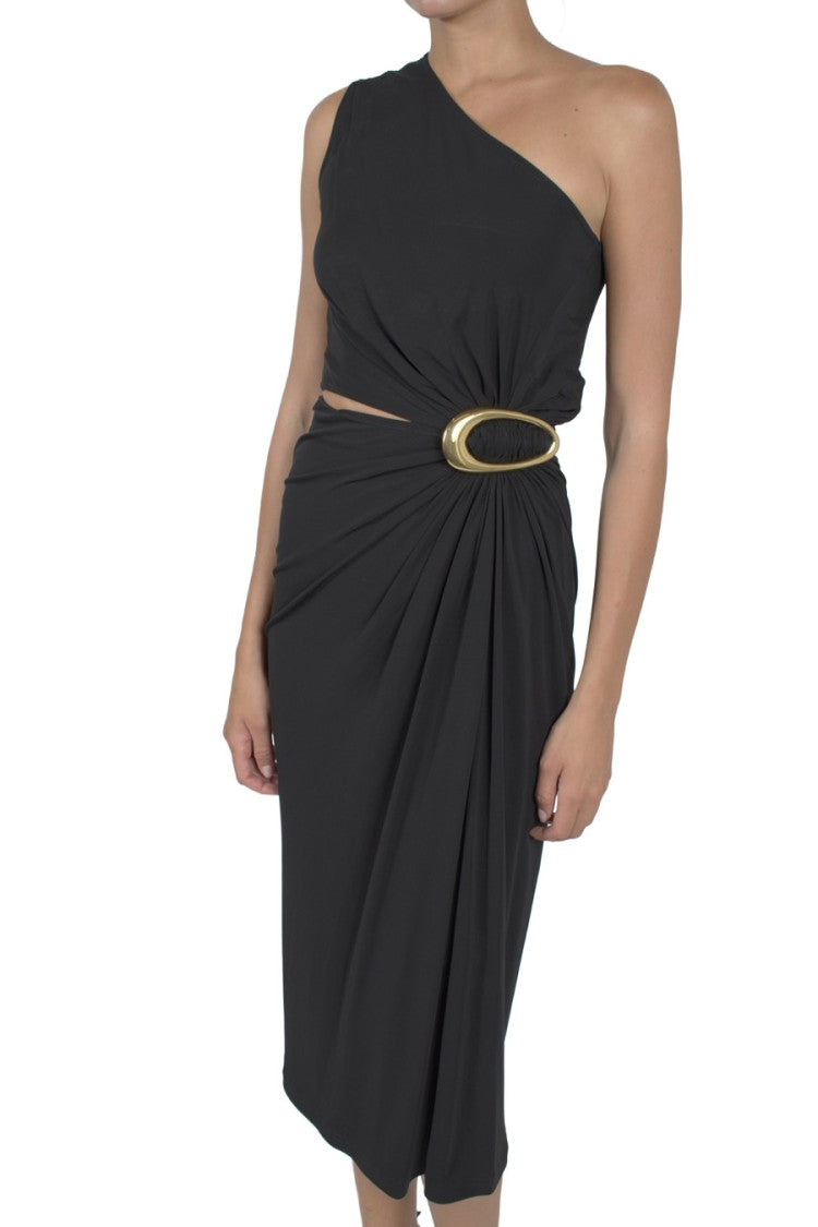 Bottega Veneta Black One-Shoulder Draped Cut-Out Viscose Midi Dress