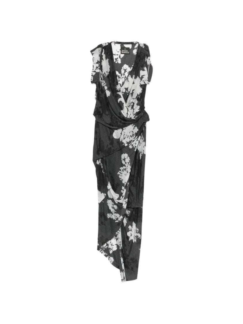 Vivienne Westwood Grey Floral Print Draped Wrap Dress