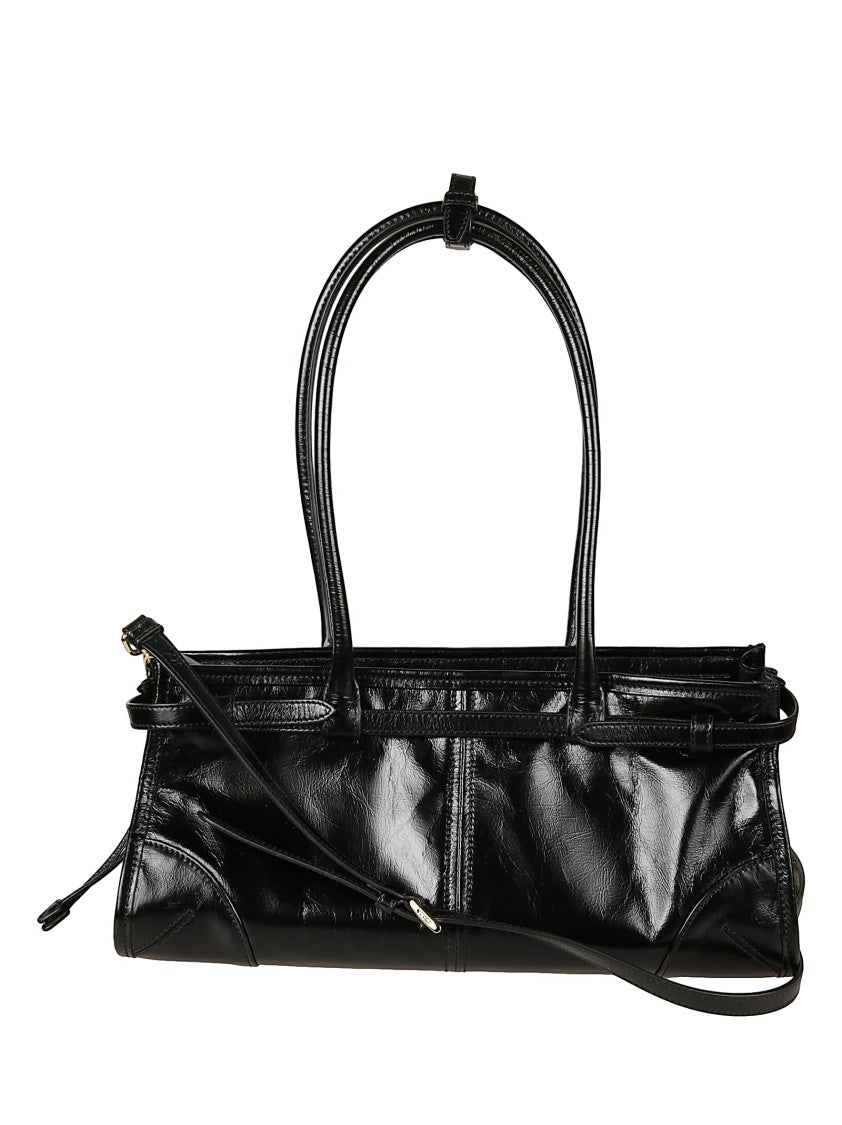 Prada Glossy Black Elongated Handbag With Gold Accents