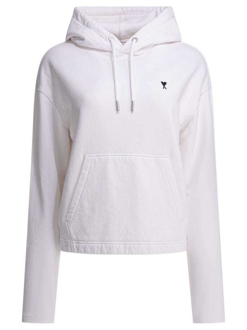 Ami Paris Cropped Cotton Sweatshirt With Adjustable Hood And Heart Logo
