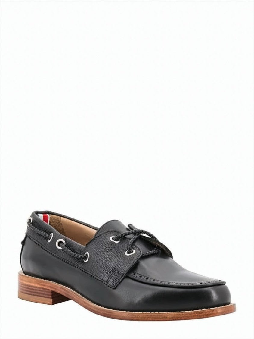 Thom Browne Polished Black Leather Loafers With Moc Toe Design And Lace Detail
