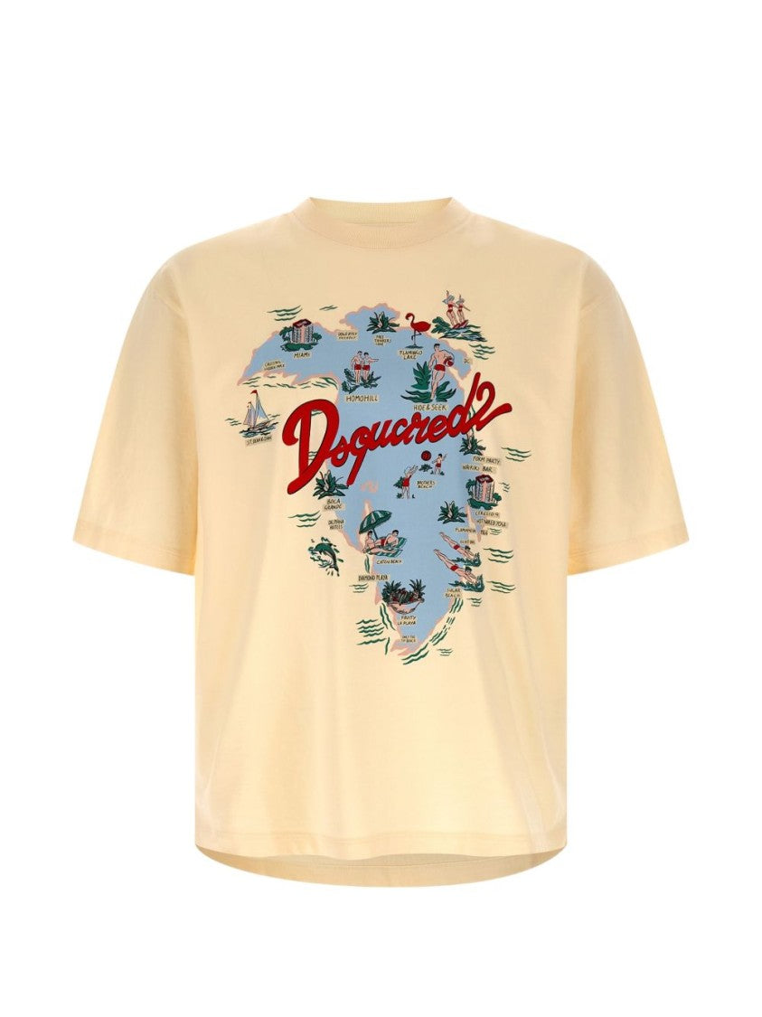 Dsquared2 Beige Map Graphic Asymmetric Hem T-Shirt