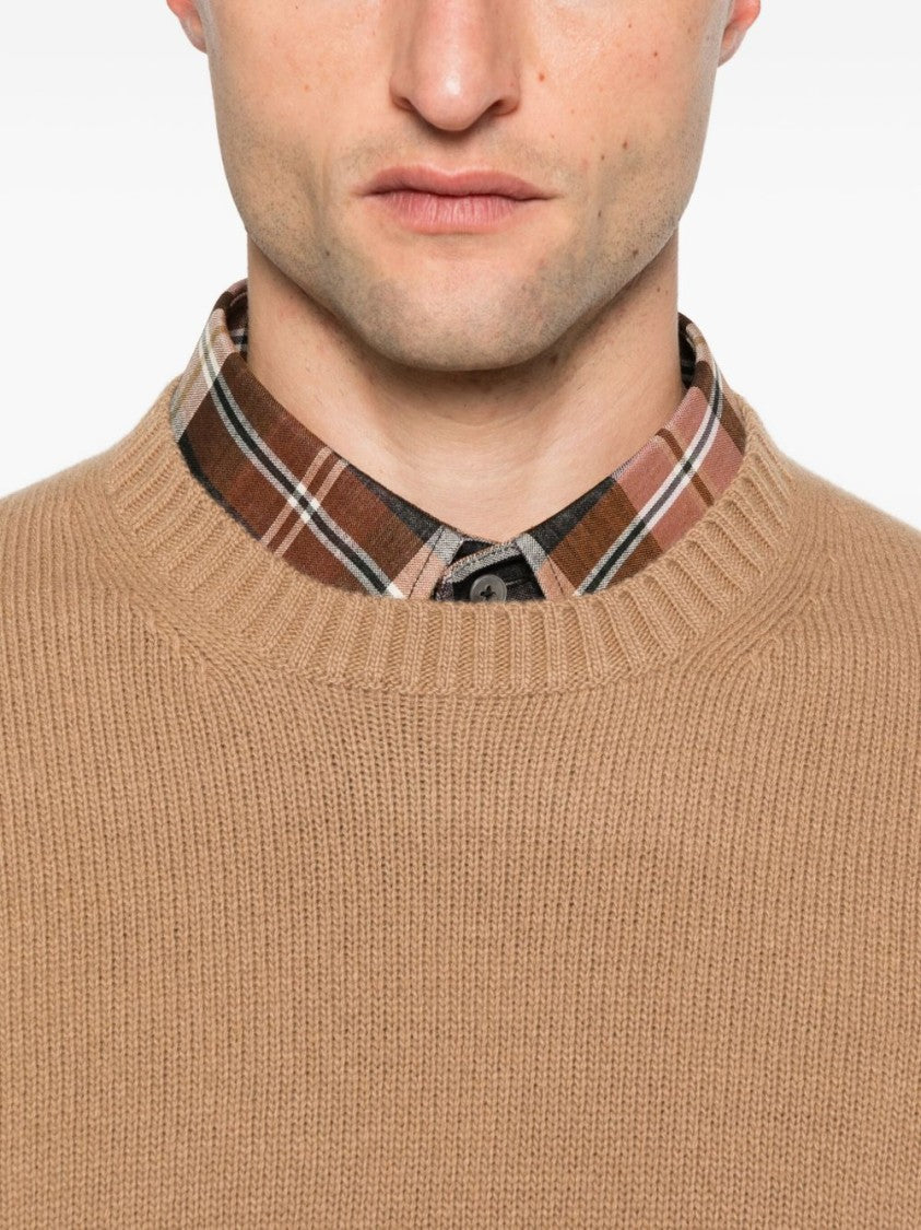 Seven Gauge Camel-Colored Crew Neck Sweater With Ribbed Cuffs And Hem