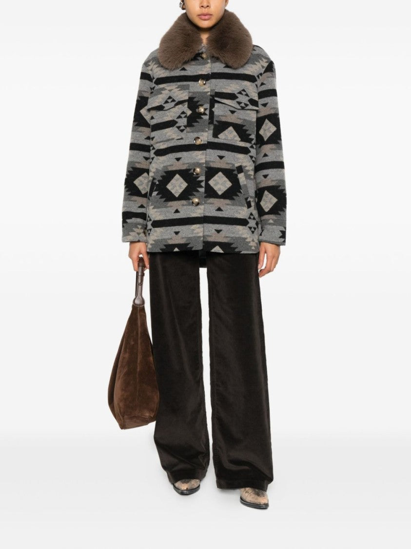 Ava Adore Boxy Short Coat With Geometric Tribal Pattern And Oversized Fur Collar