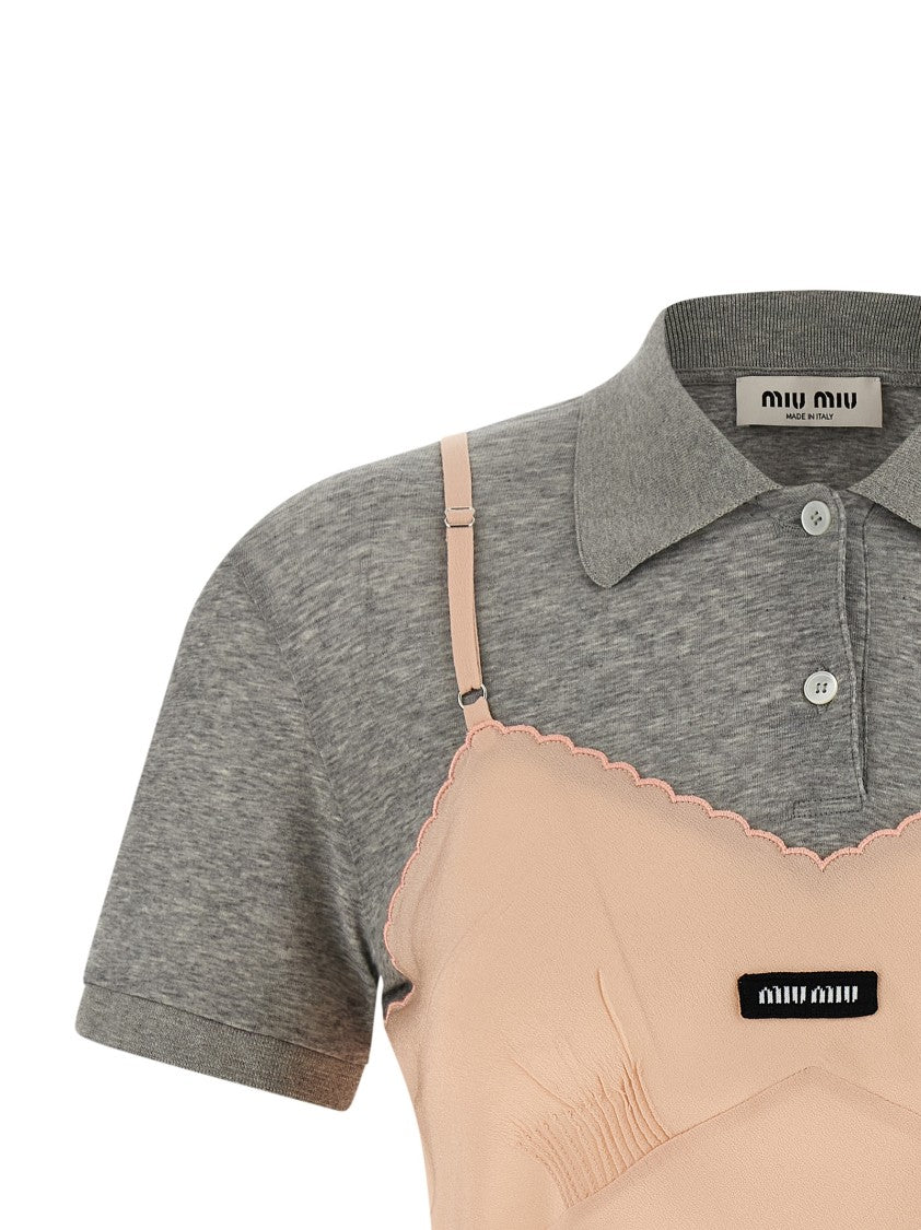 Miu Miu Layered Hybrid Top With Scalloped Edges And Front Logo Patch
