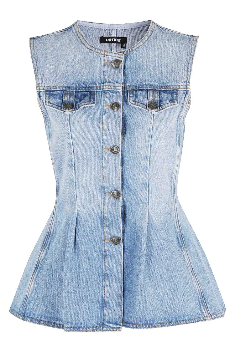 Rotate Denim Flared Silhouette Button-Front Cotton Tank Top