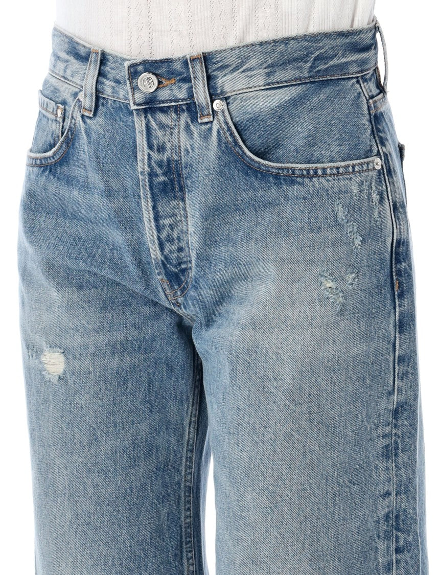 Anine Bing Washed Blue Straight Leg Jeans With Ripped Details