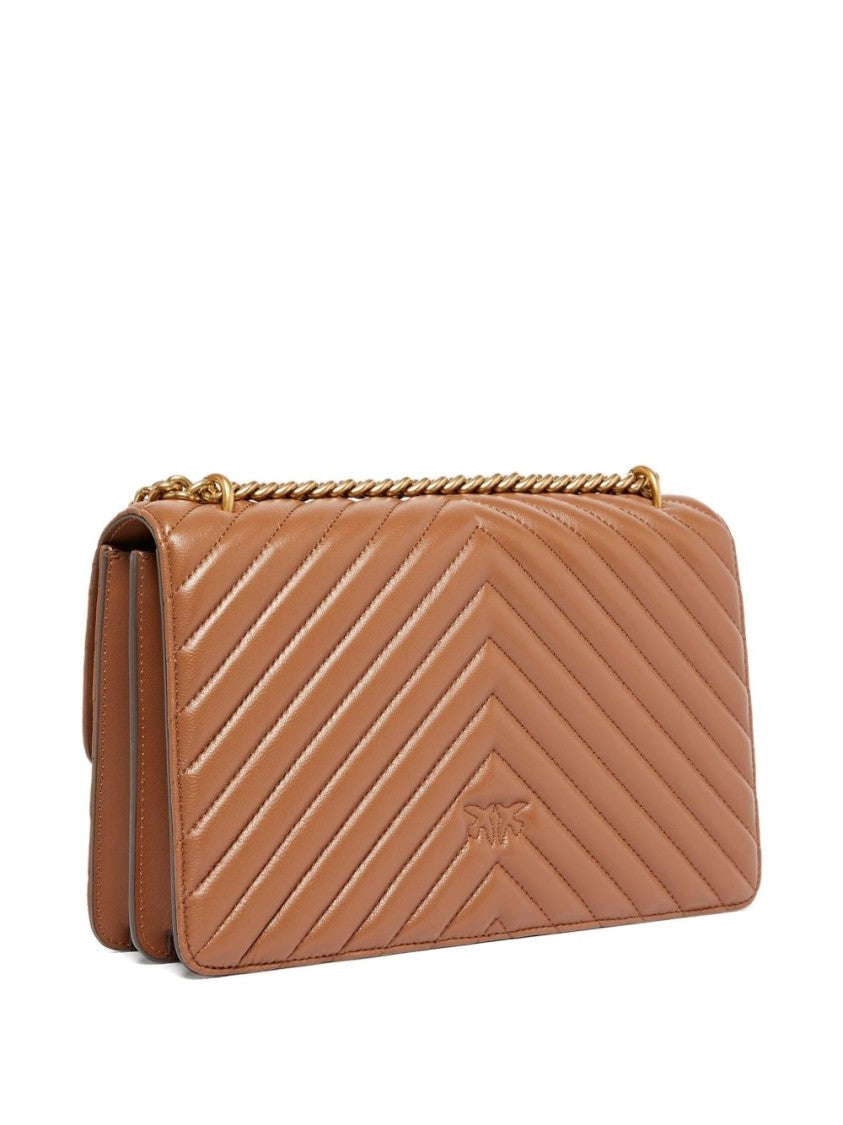 Pinko Chevron-Quilted Brown Shoulder Bag With Gold-Tone Clasp