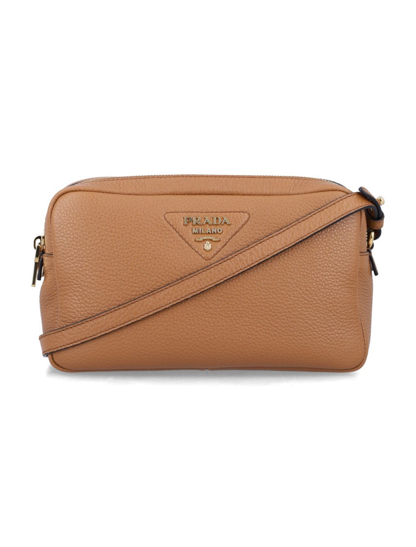 Prada Pebbled Calf Leather Crossbody Bag With Dual Zipper Compartments