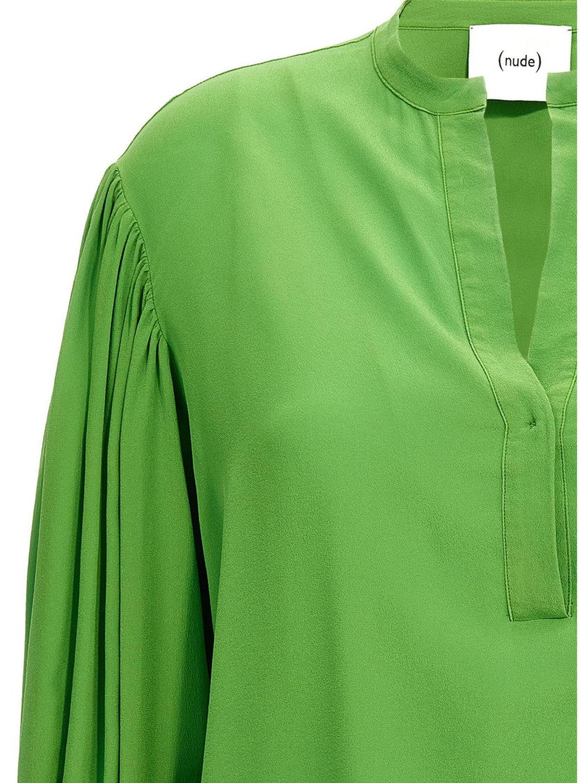 Nude Emerald Silk Blouse With Cuffed Long Sleeves