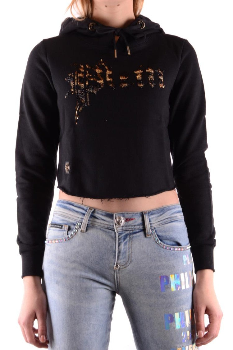 Philipp Plein Black Cropped Metallic Logo Cotton Sweatshirt