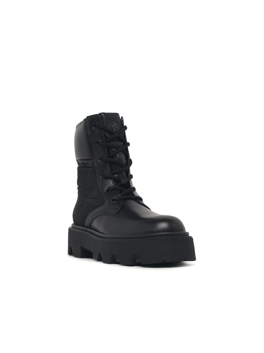 Moncler Rounded Toe Black Leather Blend Boots With Quilted Side Inserts