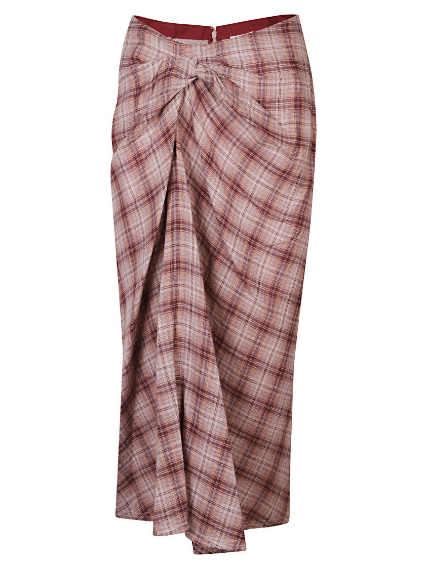 Isabel Marant Étoile Burgundy Checked Midi Skirt With Draped Knot Detail