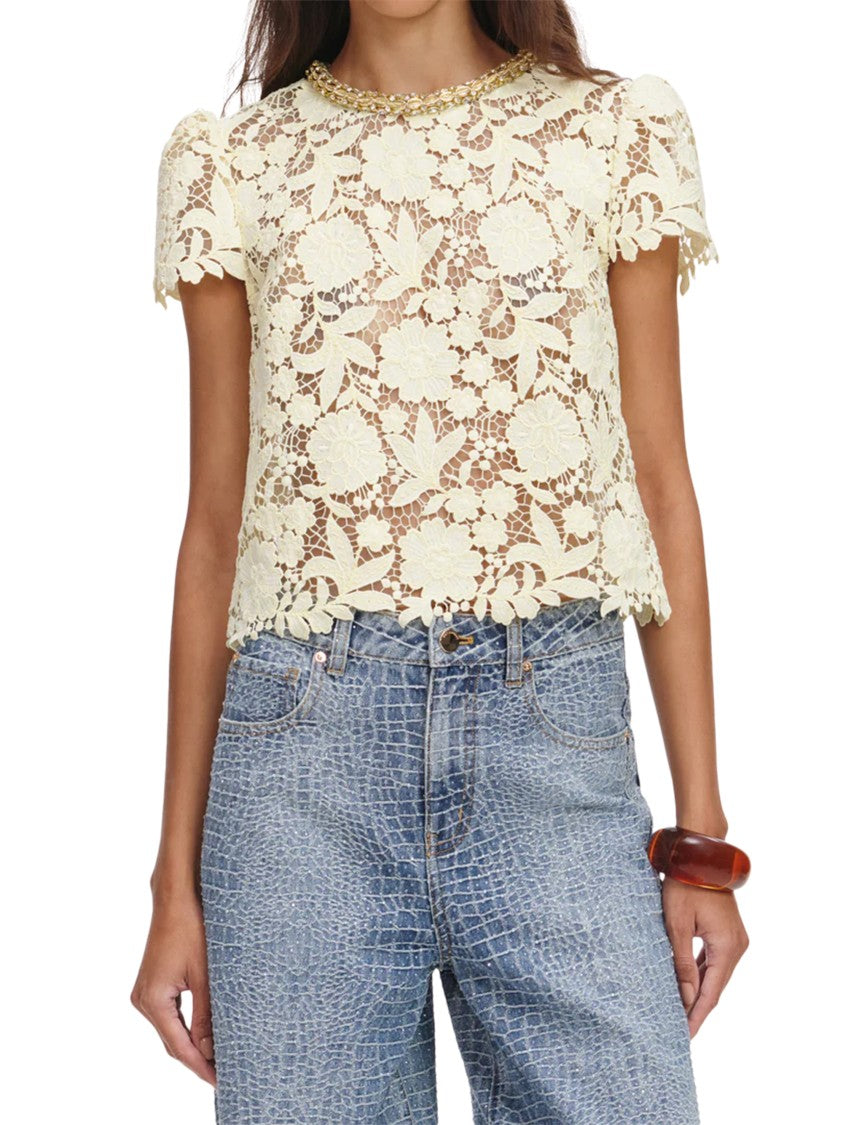 Self-Portrait Intricate Floral Lace Top With Gold Embellishments