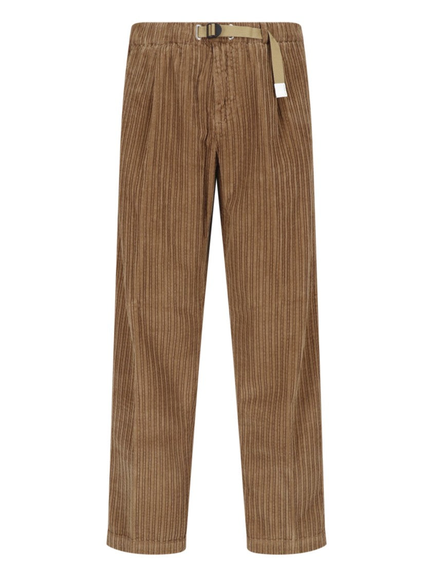 White Sand Brown Ribbed Pleated Velvet Straight-Leg Pants