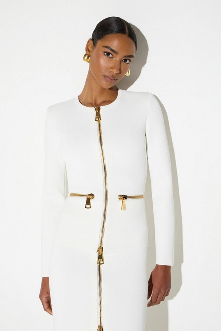 Elisabetta Franchi Ivory Gold Zip Front Hip Pockets Viscose-Blend Sweater