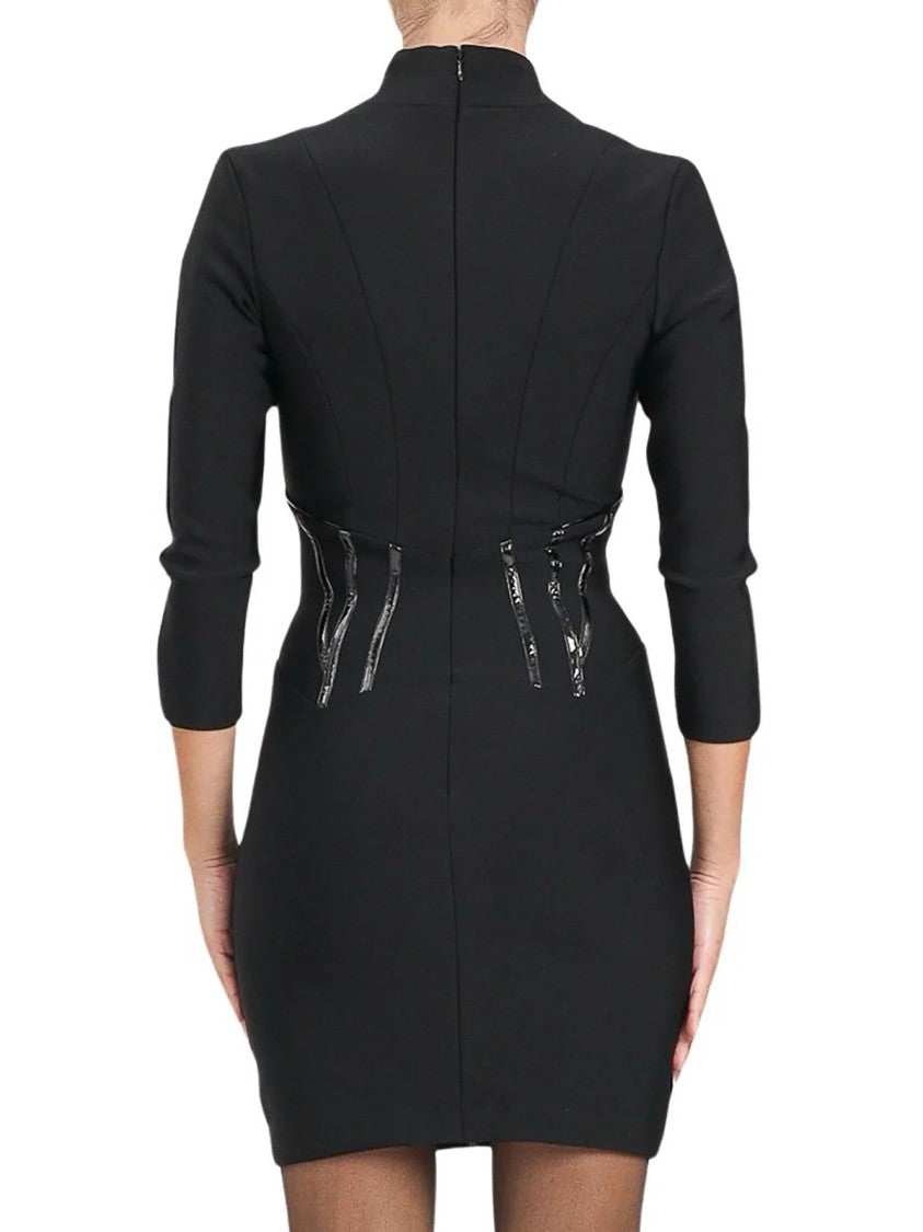 Elisabetta Franchi Form-Fitting Black Mini Dress With Corset Detail And Gold Hardware