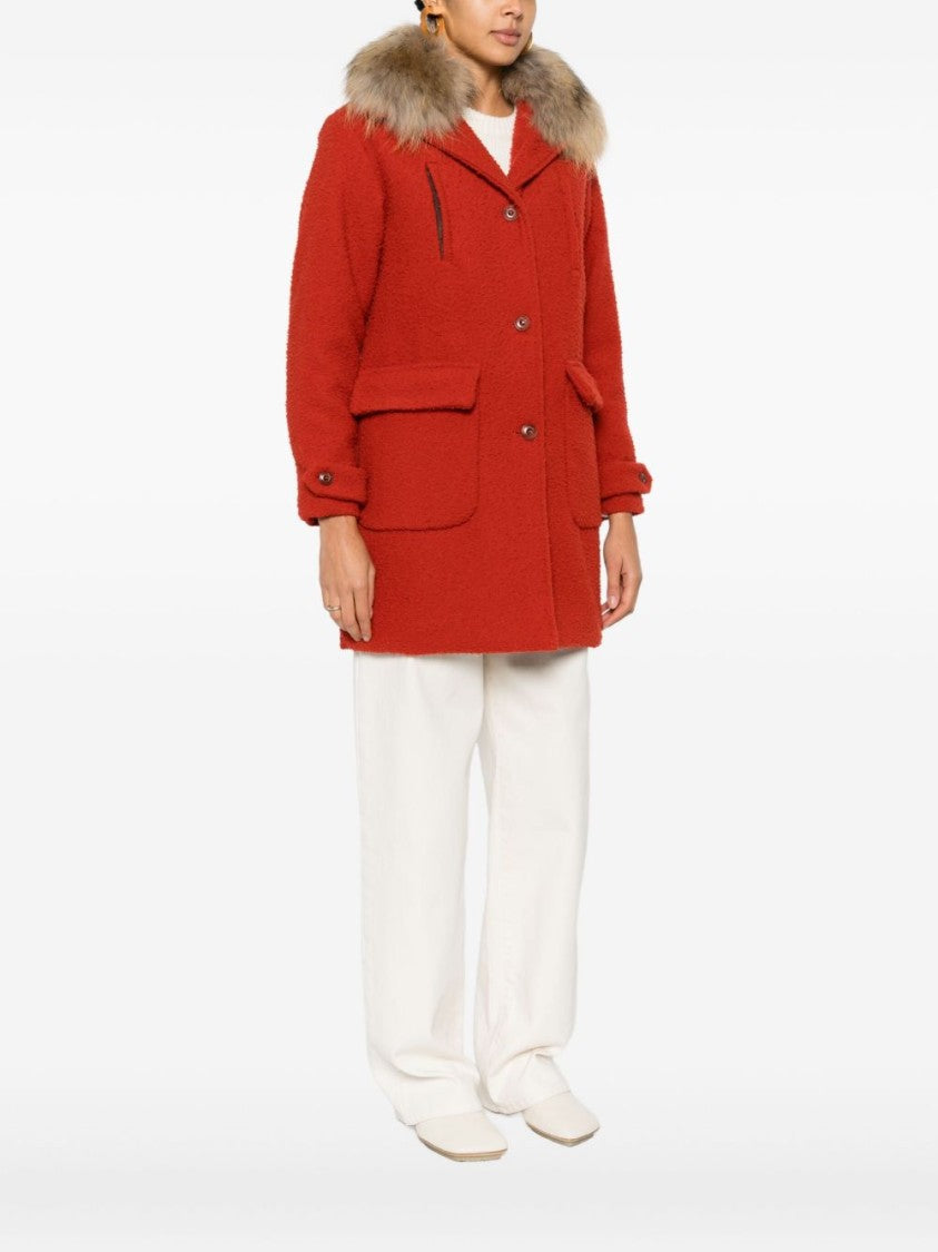 Capalbio Textured Red Wool Jacket With Fur Collar