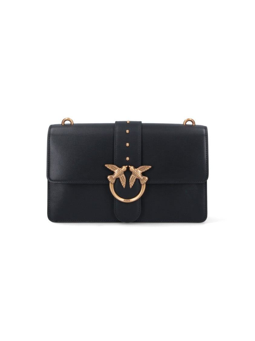 Pinko Medium Black Leather Shoulder Bag With Gold-Tone Logo