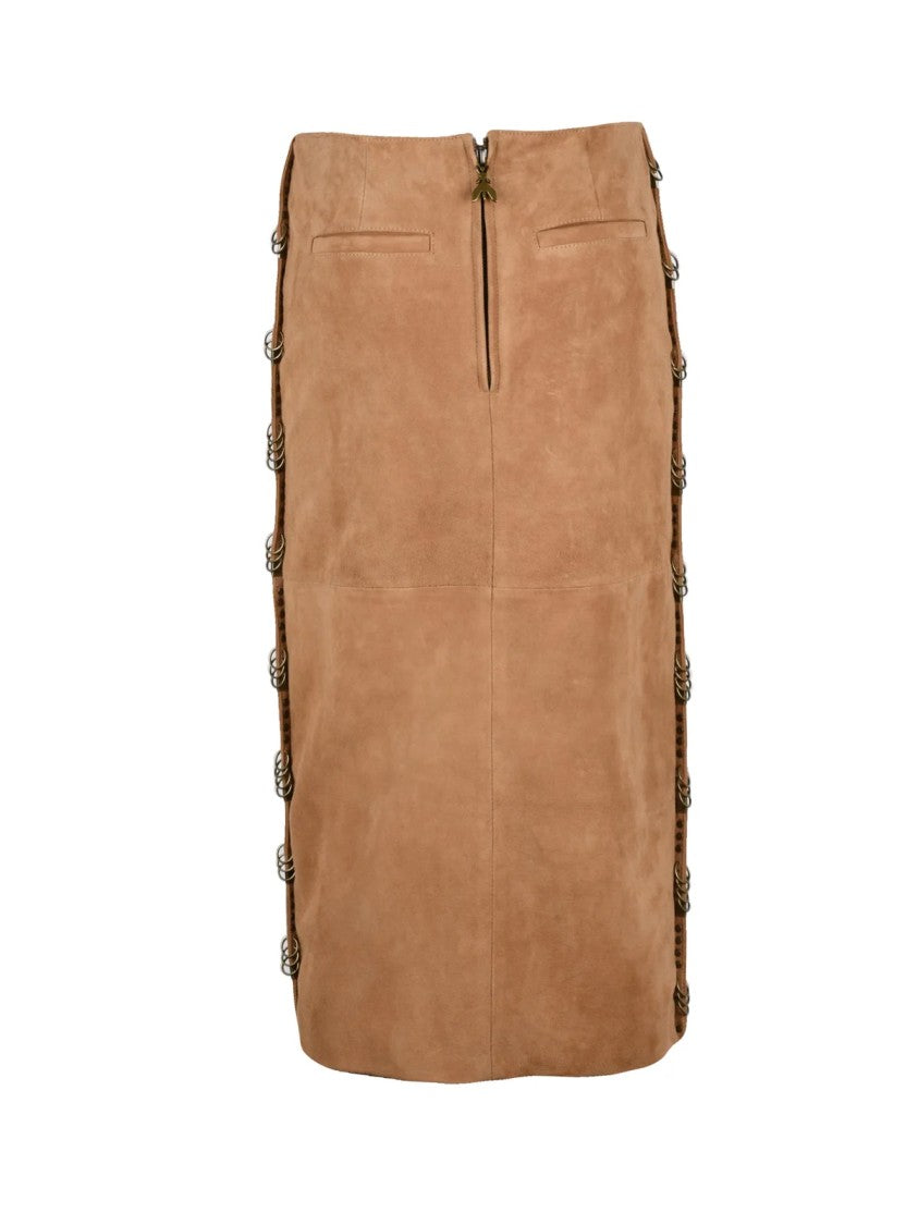Patrizia Pepe Beige Goat Leather Zip Suede Longuette Skirt