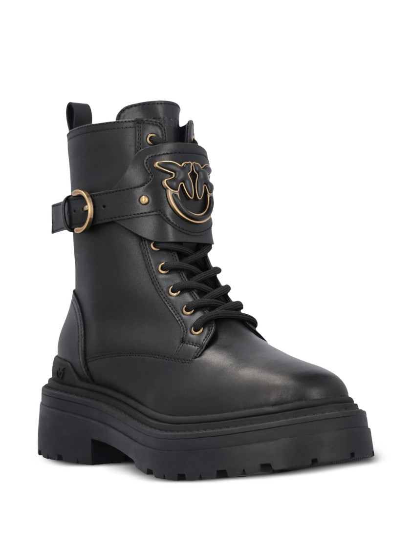Pinko Black Mia Gold-Tone Buckle Leather Boots