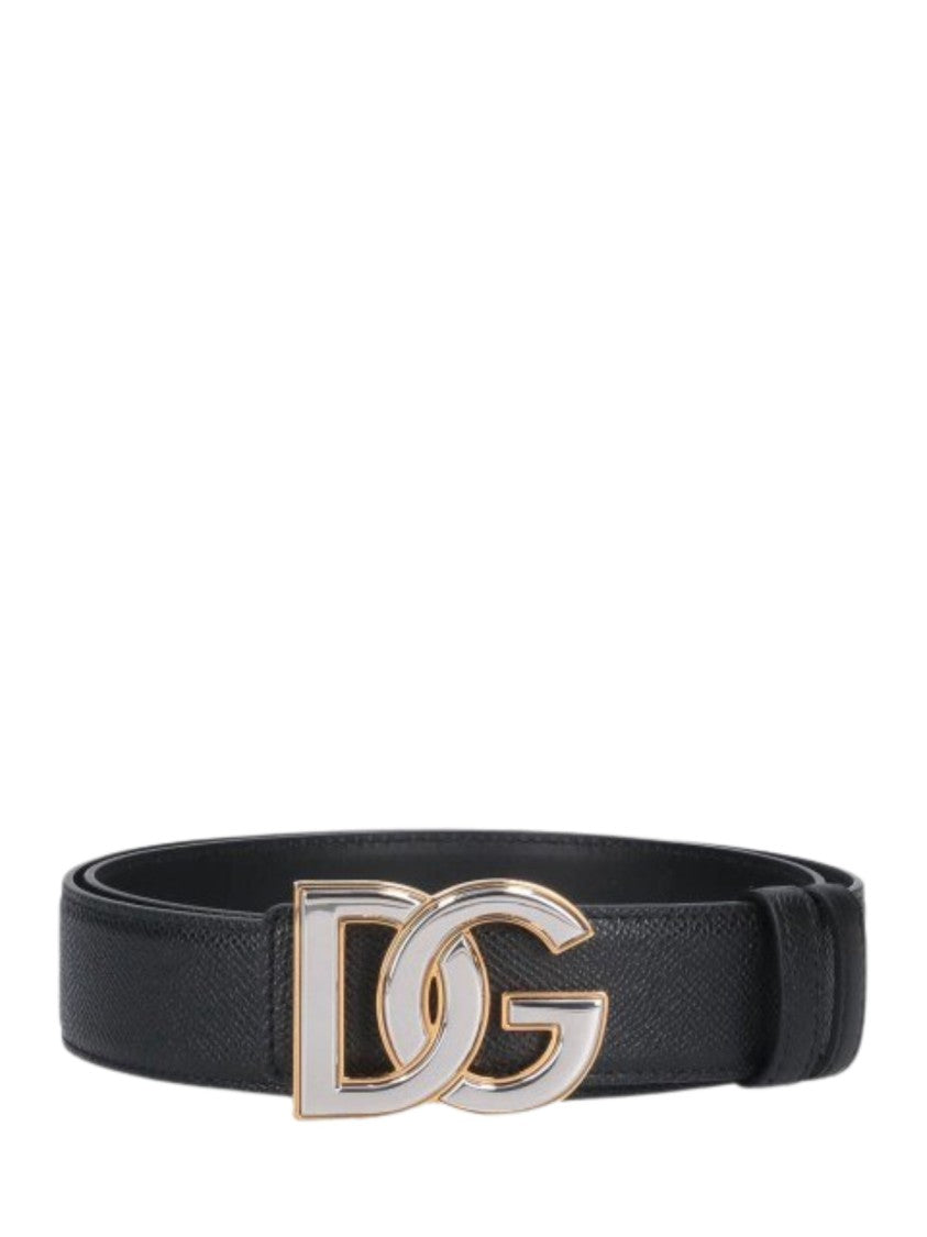 Dolce & Gabbana Black Textured Leather Logo Buckle Belt