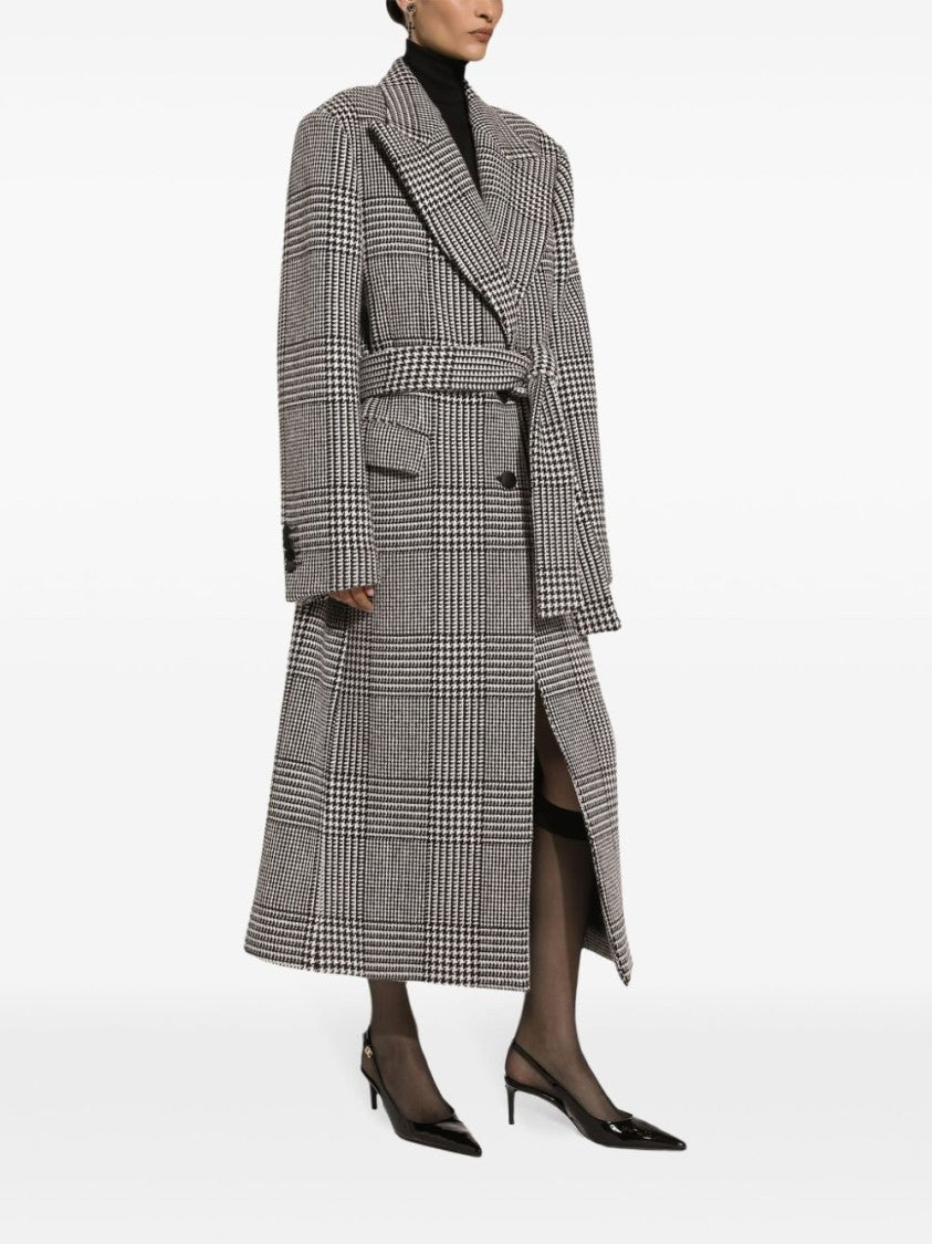 Dolce & Gabbana Houndstooth Pattern Long Coat With Tailored Silhouette