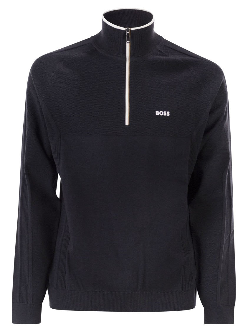 Boss Regular Fit Black Sweater With Technical Knitwork