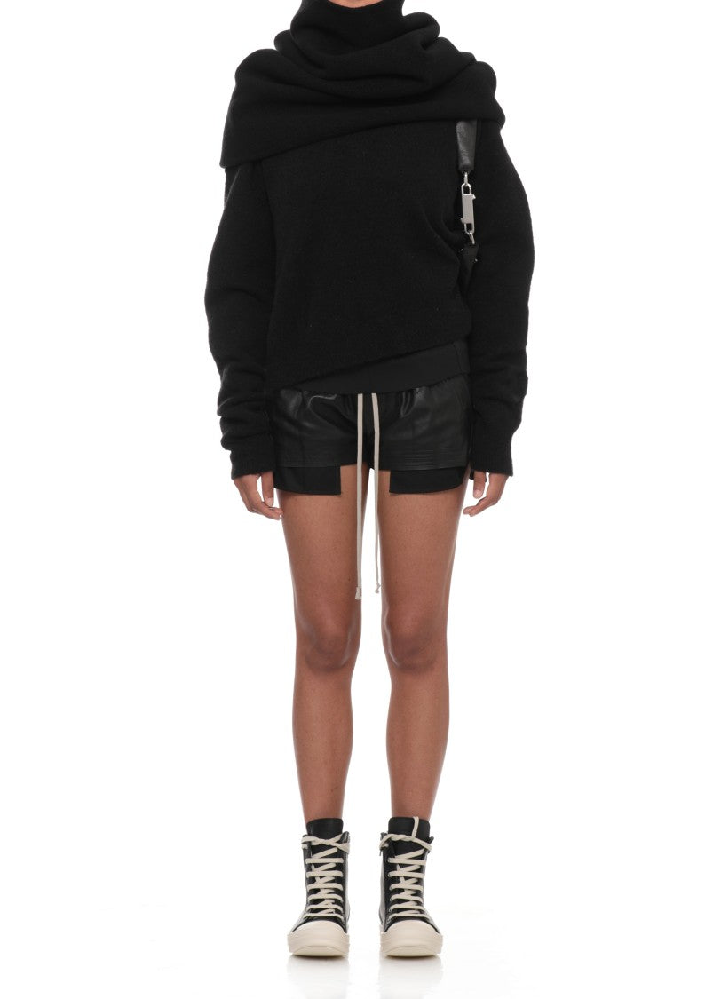 Rick Owens Black Leather Short With Elasticated Waist And Layered Effect