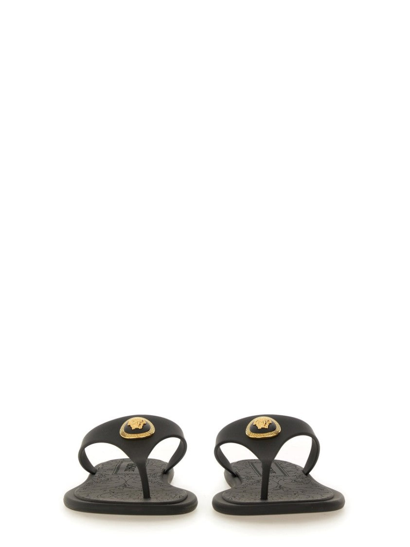 Versace Black Alia Gold Emblem Rubber Sandals
