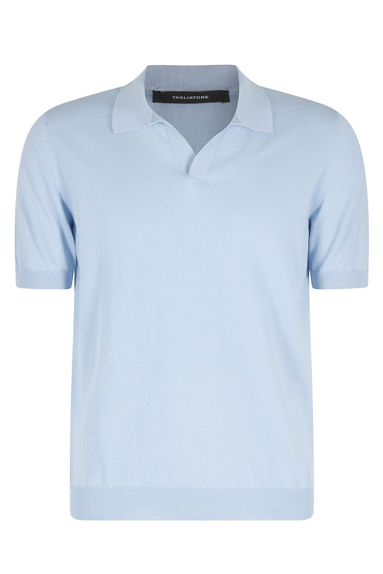 Tagliatore Light Blue Keith Short Sleeve Ribbed Trim Cotton Polo Shirt