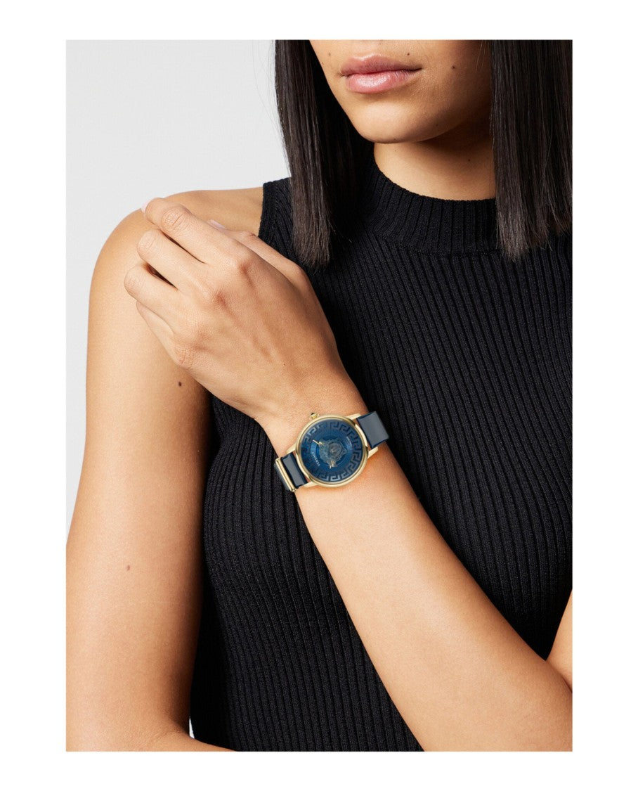 Versace Medusa Alchemy Timepiece With Yellow Gold Case And Blue Dial