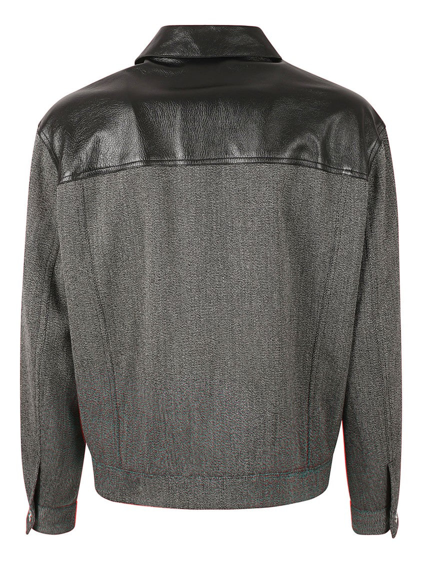 Versace Contrasting Black Leather And Textured Fabric Coat