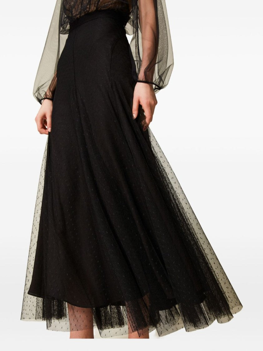 Twin-Set Long Flowing Black Skirt With Fitted Waist